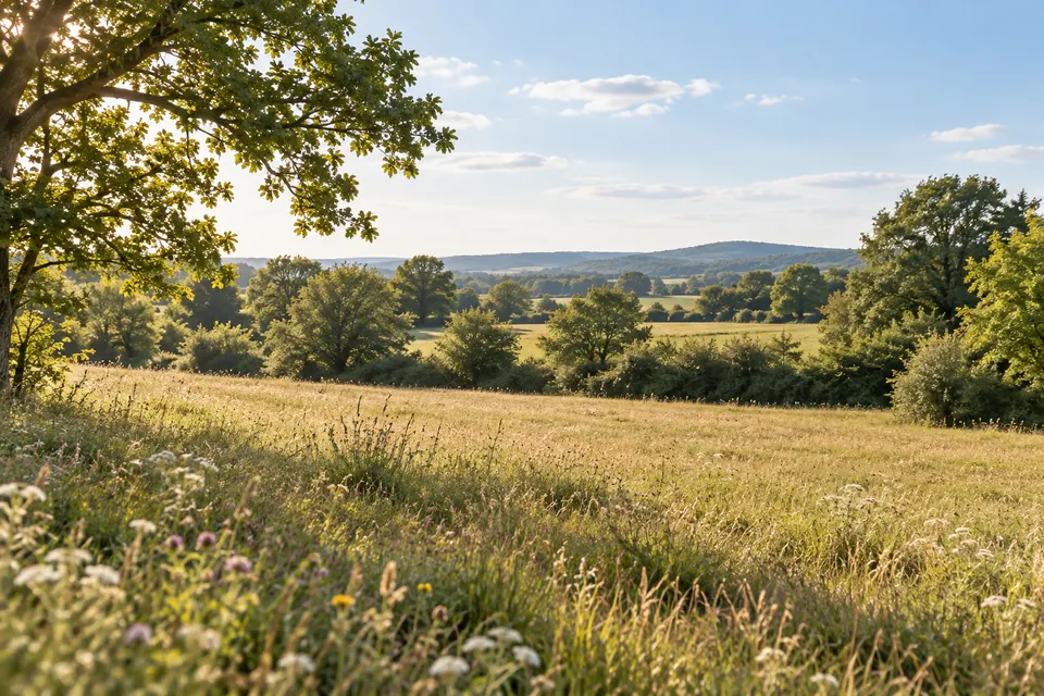 Prairie naturelle bordée de haies, sans construction