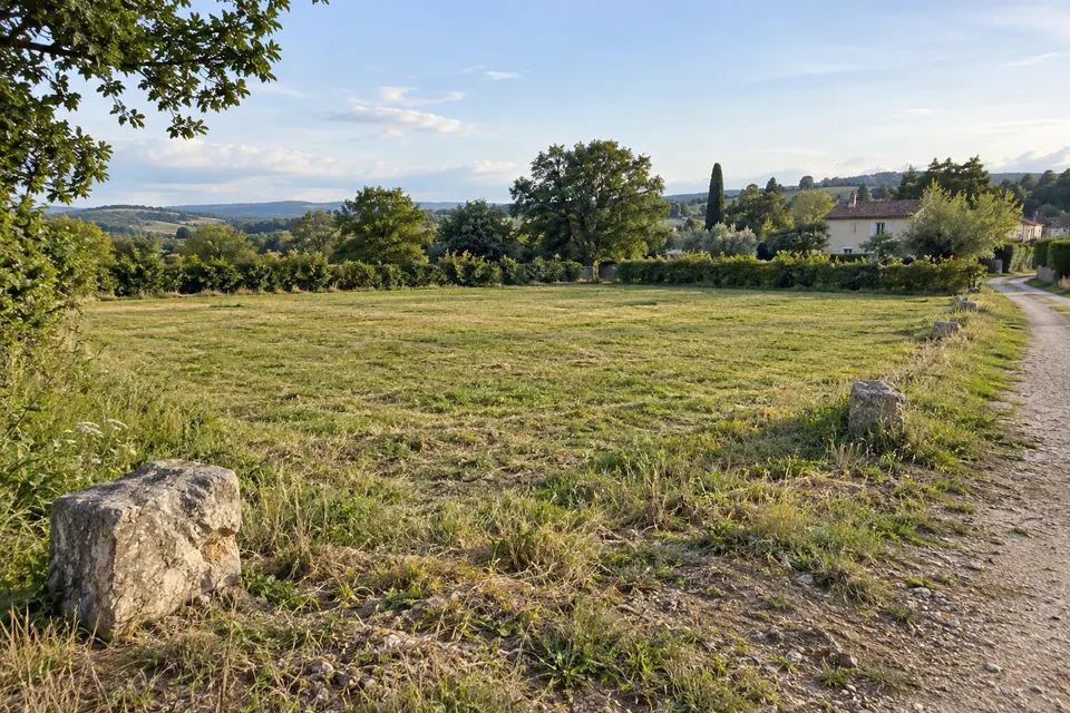 Parcelle constructible avec maison au loin pour le dossier « Trouver un terrain à bâtir »