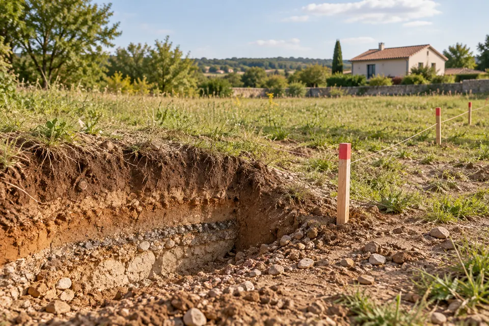 Parcelle constructible avec maison au loin pour le dossier « Études de sol et contraintes géotechniques »