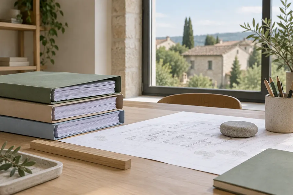 Dossiers et plan de maison sur une table de travail