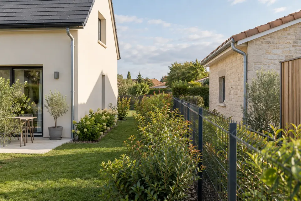 Clôture et jardin entre deux maisons voisines