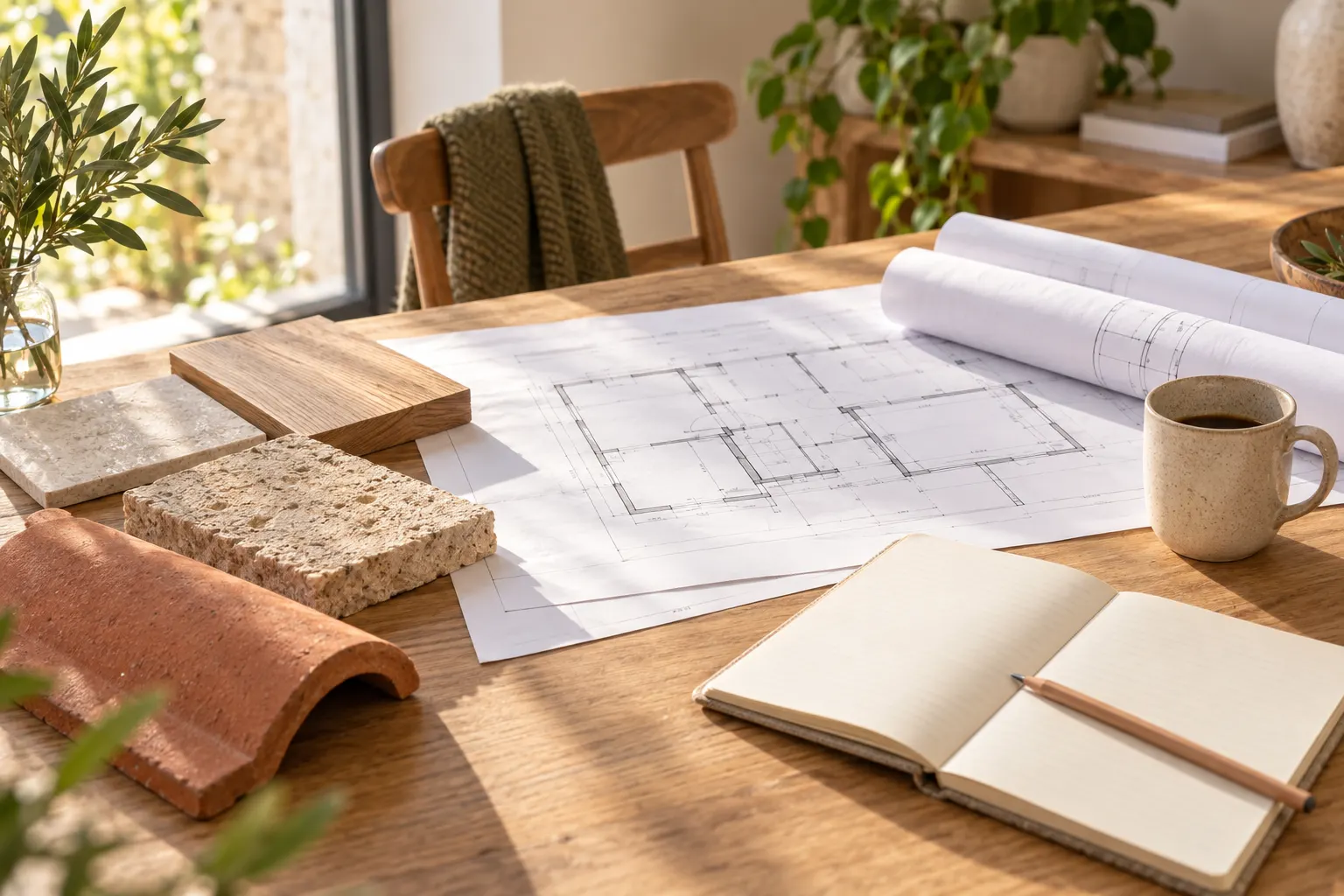 Plans de maison, échantillons de matériaux et carnet posés sur une table en bois