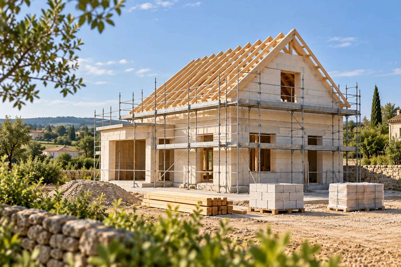 Maison en construction avec sa charpente posée