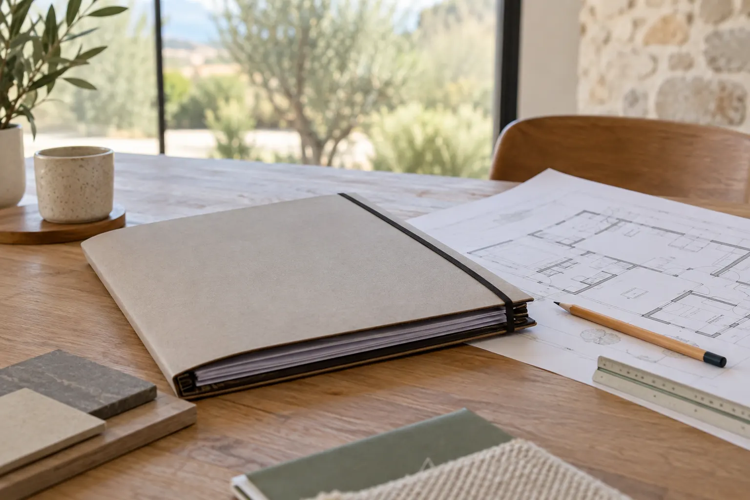Dossier de contrat fermé avec plan et crayon