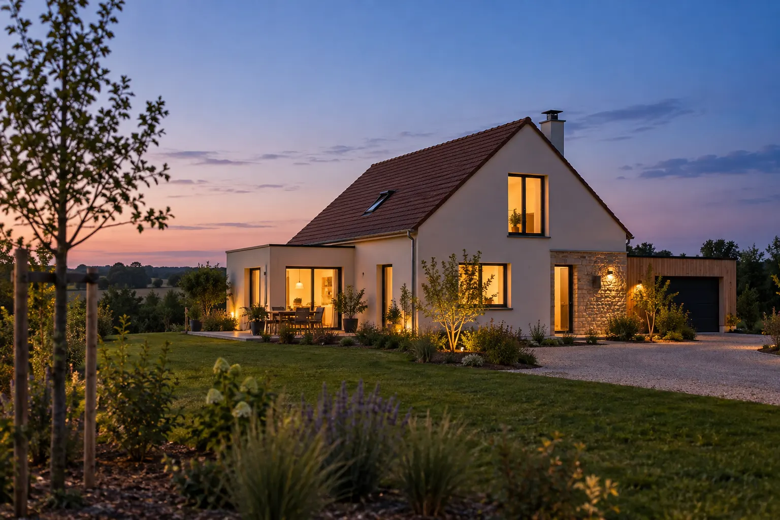 Maison neuve au crépuscule avec son jardin fraîchement planté