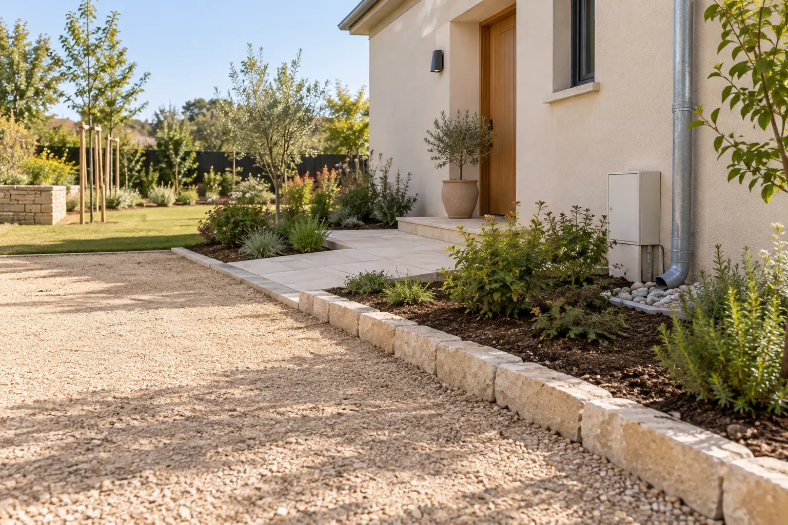 Accès et jardin en cours d’aménagement autour d’une maison