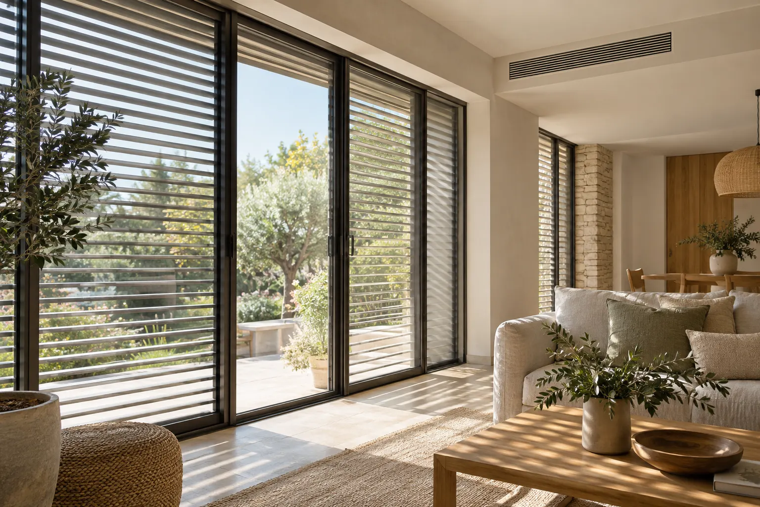 Maison avec protection solaire et ventilation