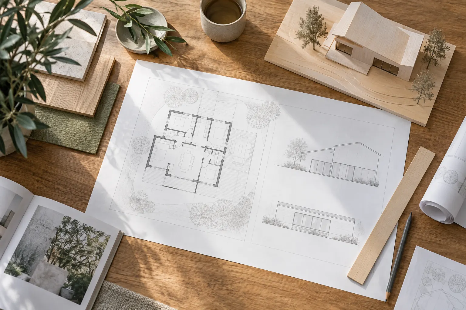 Plans de maison et maquette en bois sur une table