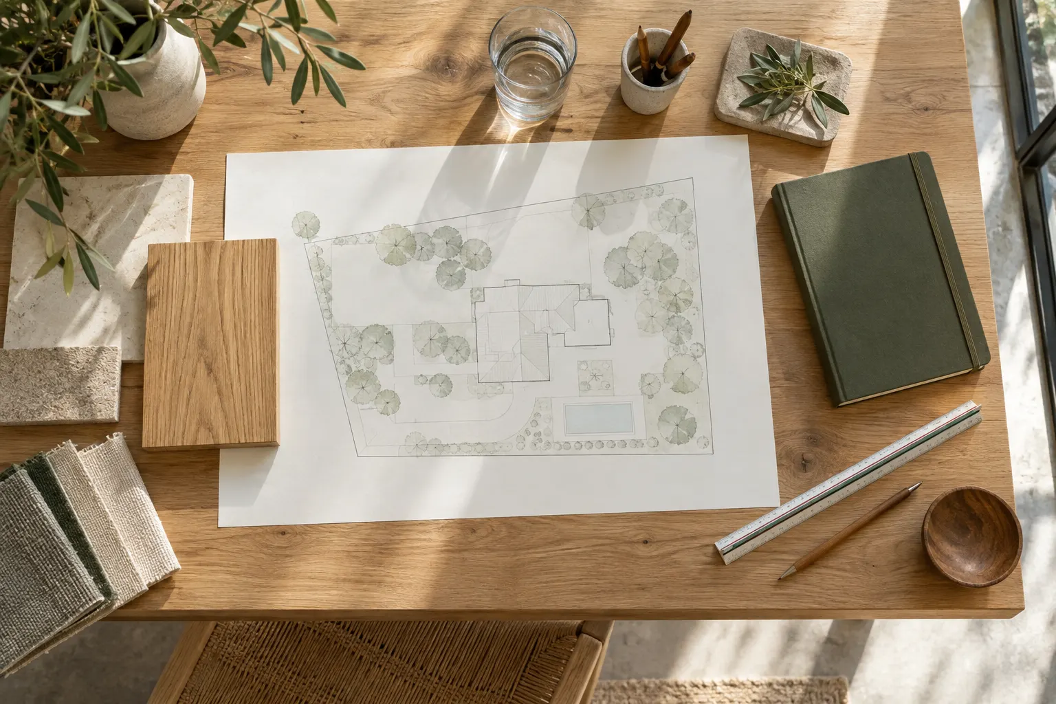 Table de projet avec plan de masse, bois et carnet