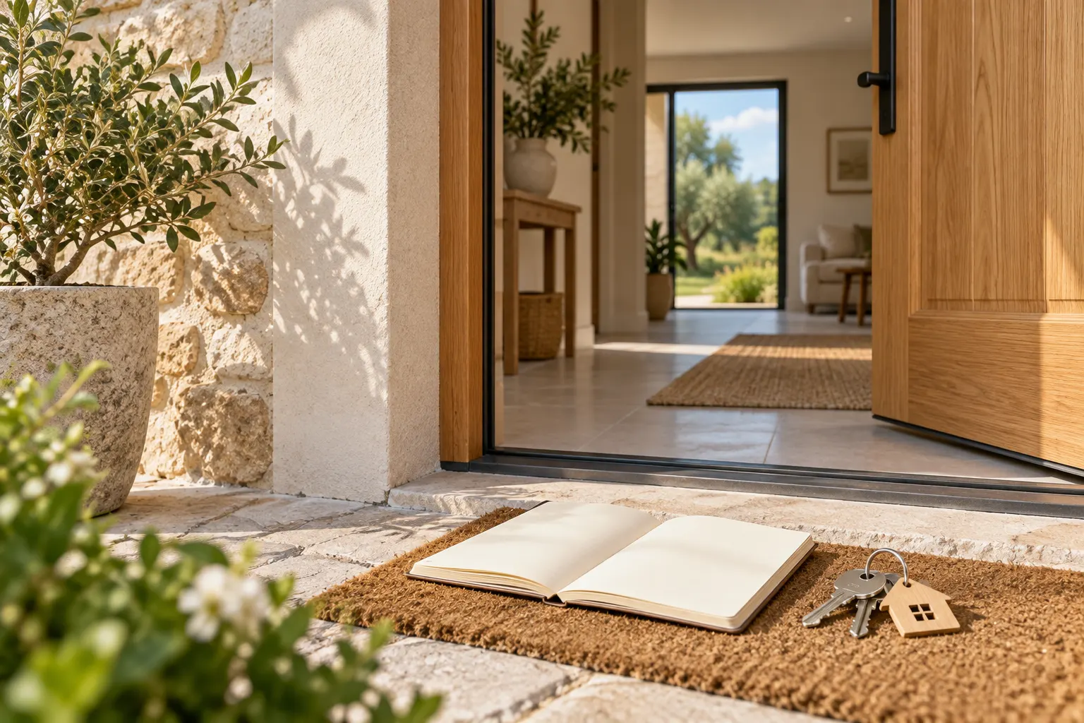 Entrée de maison neuve avec carnet de visite et clés