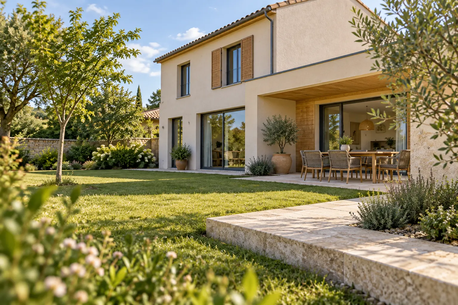 Maison achevée vue depuis son jardin