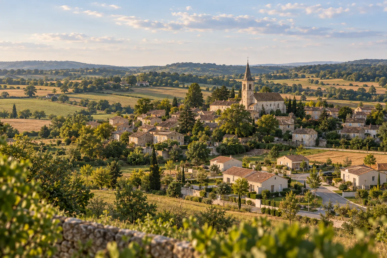 Vue aérienne d'un bourg entouré de champs