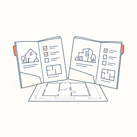Deux dossiers d’offres de maison ouverts côte à côte sur le même plan vierge, cases visuelles sans texte