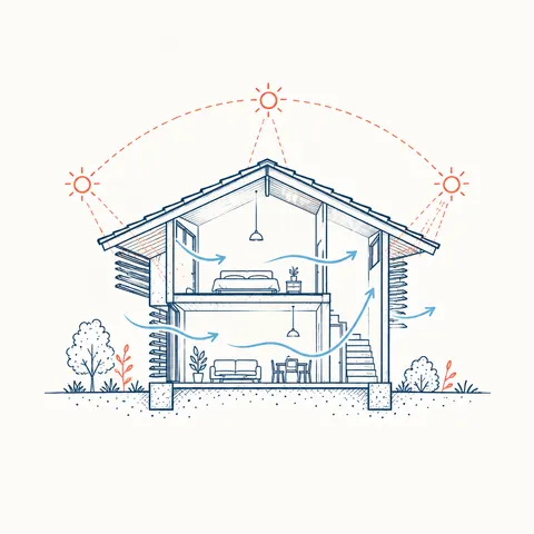 Maison en coupe avec trajet du soleil et flèches d’air douces, protections solaires visibles