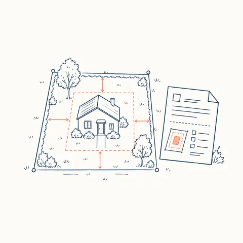Parcelle dessinée avec limites, retrait visible autour d’une maison miniature et document réglementaire sans texte
